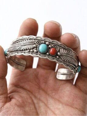 Southwestern Silver Cuff Bracelet with Turquoise & Coral